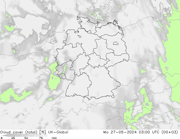 Cloud cover (total) UK-Global Po 27.05.2024 03 UTC