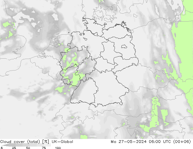 Bewolking (Totaal) UK-Global ma 27.05.2024 06 UTC