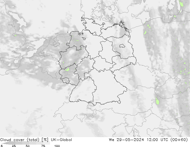 Nubes (total) UK-Global mié 29.05.2024 12 UTC