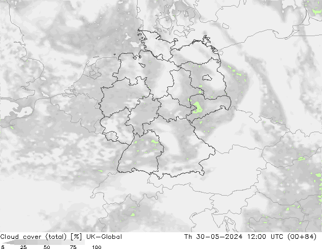 Cloud cover (total) UK-Global Th 30.05.2024 12 UTC