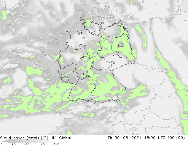 Cloud cover (total) UK-Global Th 30.05.2024 18 UTC