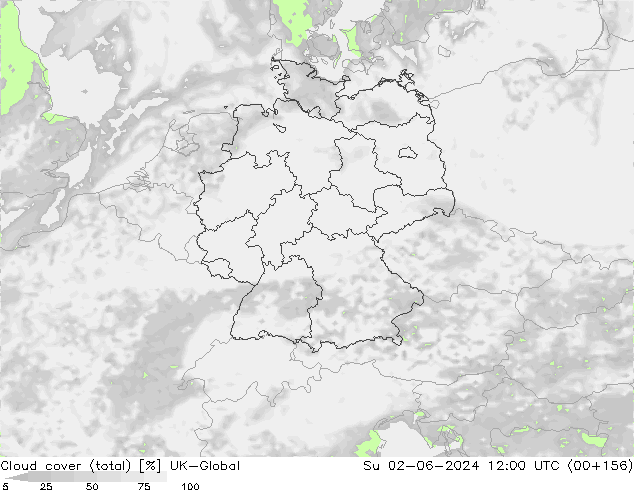 Cloud cover (total) UK-Global Su 02.06.2024 12 UTC