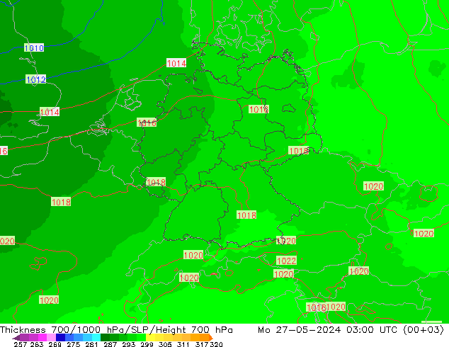 Dikte700-1000 hPa UK-Global ma 27.05.2024 03 UTC