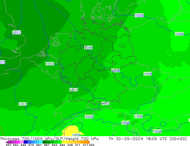 Thck 700-1000 hPa UK-Global Čt 30.05.2024 18 UTC