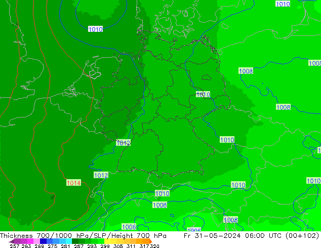 Thck 700-1000 hPa UK-Global ven 31.05.2024 06 UTC