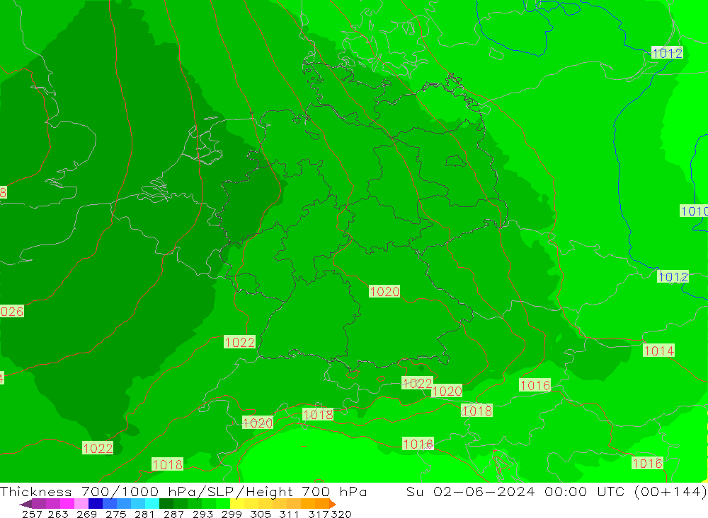 Thck 700-1000 hPa UK-Global dom 02.06.2024 00 UTC