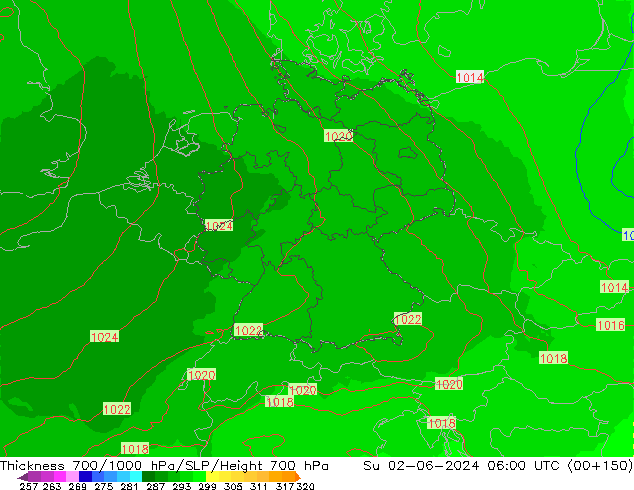 Thck 700-1000 hPa UK-Global Ne 02.06.2024 06 UTC