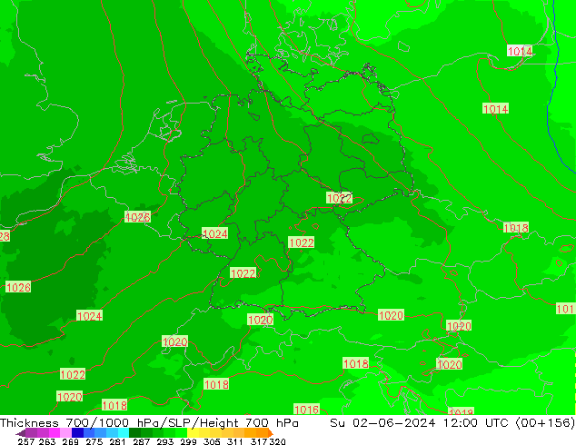 Thck 700-1000 гПа UK-Global Вс 02.06.2024 12 UTC