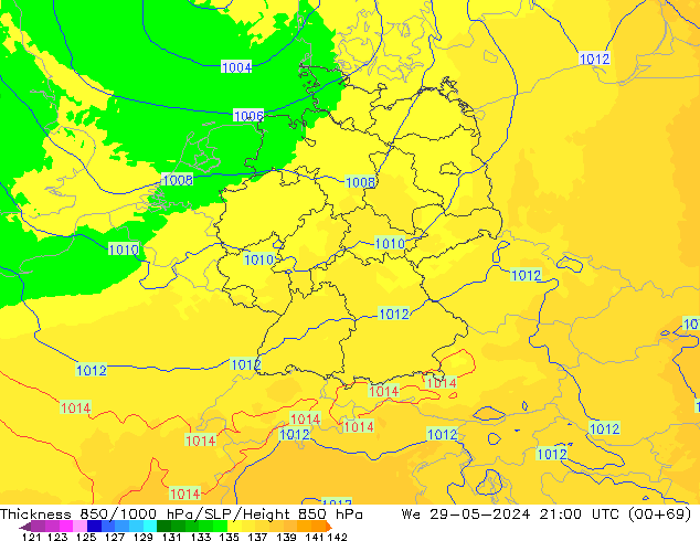 Espesor 850-1000 hPa UK-Global mié 29.05.2024 21 UTC