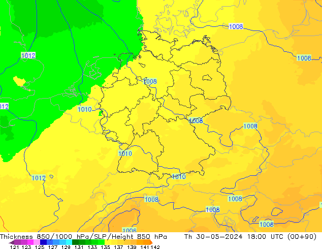 Thck 850-1000 hPa UK-Global Čt 30.05.2024 18 UTC