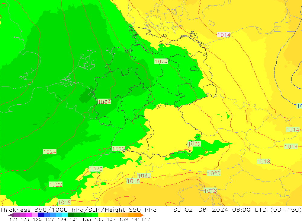 Espesor 850-1000 hPa UK-Global dom 02.06.2024 06 UTC