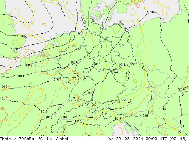 Theta-e 700hPa UK-Global Qua 29.05.2024 00 UTC