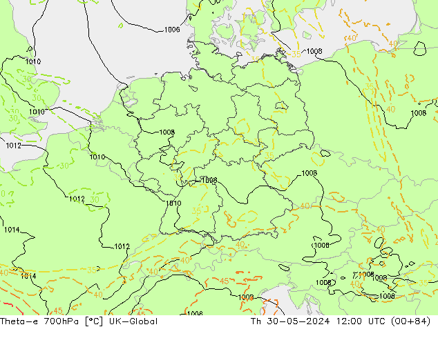 Theta-e 700hPa UK-Global  30.05.2024 12 UTC