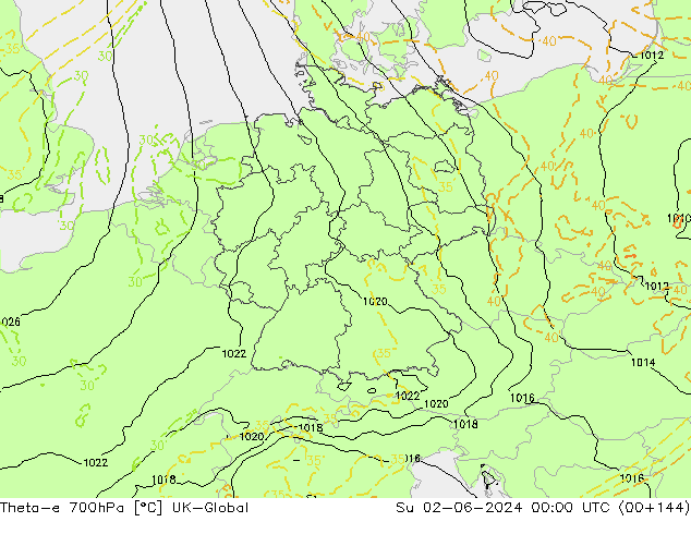 Theta-e 700hPa UK-Global dom 02.06.2024 00 UTC