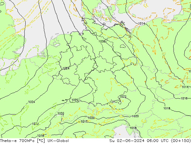 Theta-e 700hPa UK-Global Dom 02.06.2024 06 UTC