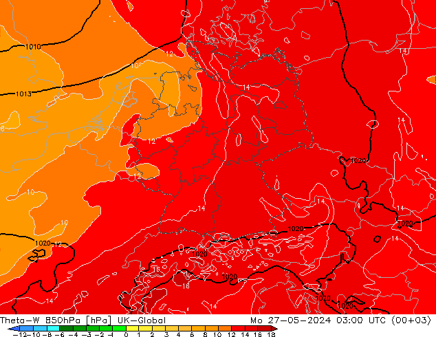 Theta-W 850hPa UK-Global  27.05.2024 03 UTC