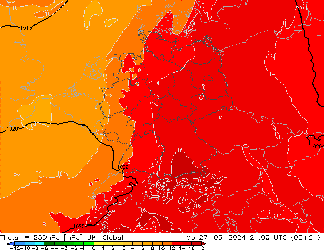 Theta-W 850hPa UK-Global Pzt 27.05.2024 21 UTC