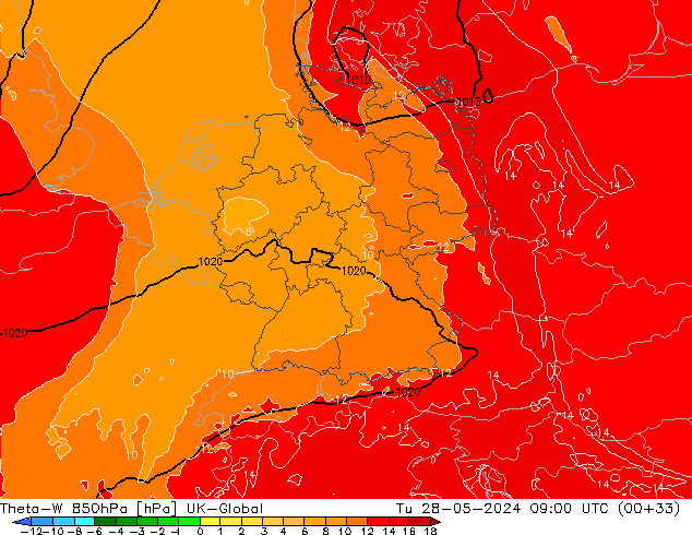 Theta-W 850hPa UK-Global Út 28.05.2024 09 UTC