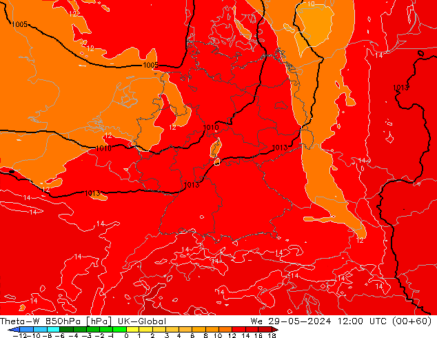 Theta-W 850hPa UK-Global We 29.05.2024 12 UTC