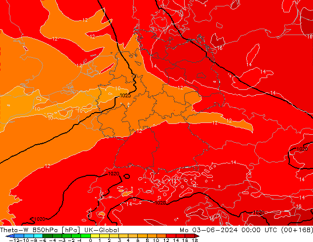 Theta-W 850гПа UK-Global пн 03.06.2024 00 UTC