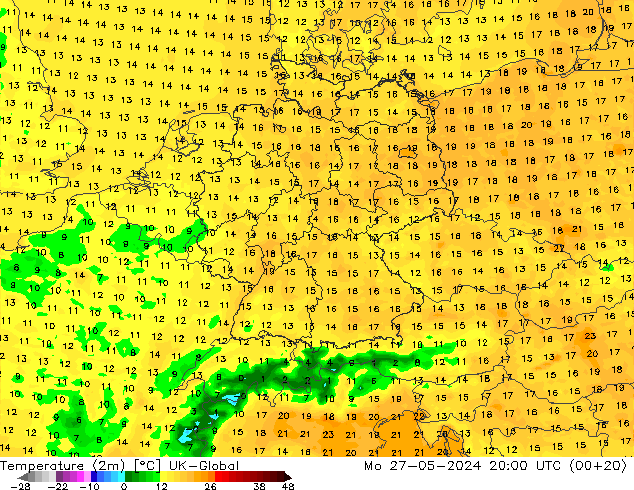 Temperature (2m) UK-Global Po 27.05.2024 20 UTC