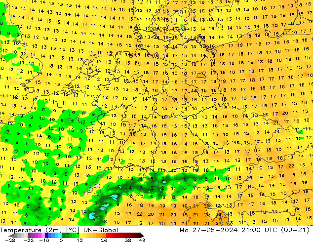 Temperatuurkaart (2m) UK-Global ma 27.05.2024 21 UTC