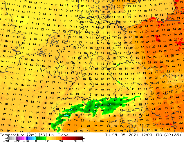 Temperature (2m) UK-Global Tu 28.05.2024 12 UTC