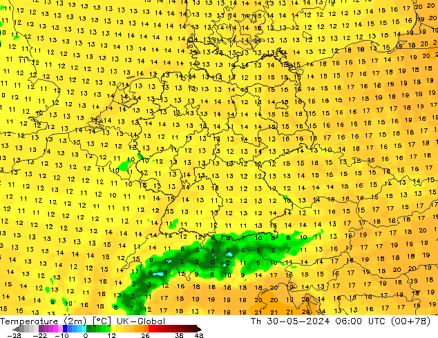 température (2m) UK-Global jeu 30.05.2024 06 UTC
