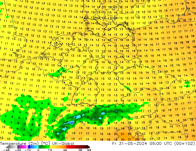 Temperature (2m) UK-Global Pá 31.05.2024 06 UTC