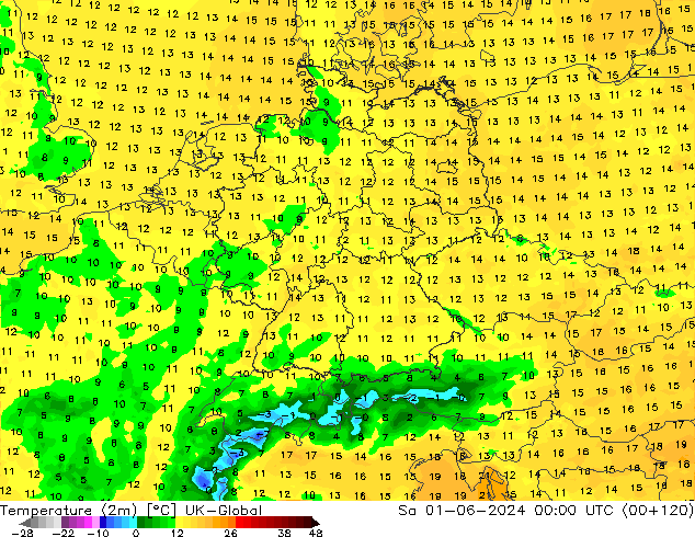 Temperatura (2m) UK-Global Sáb 01.06.2024 00 UTC