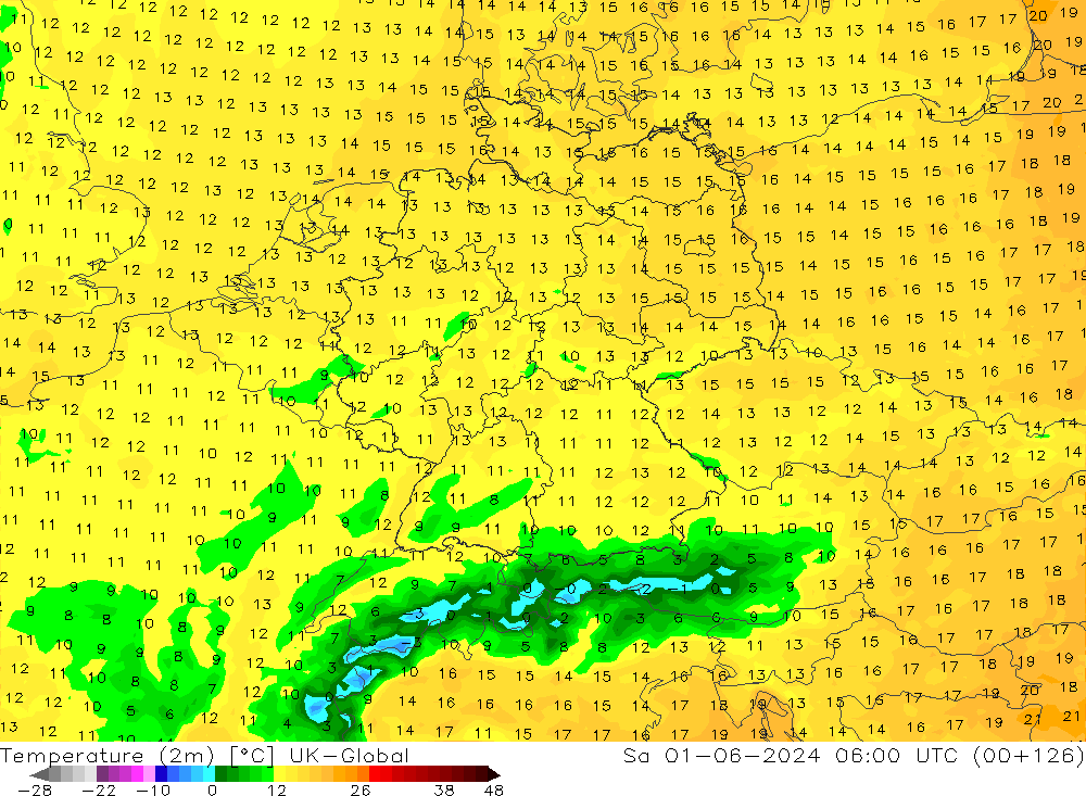 Temperature (2m) UK-Global So 01.06.2024 06 UTC