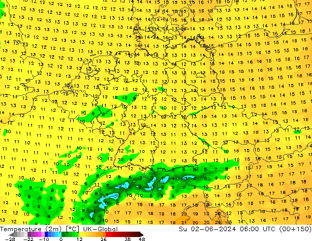 Temperatuurkaart (2m) UK-Global zo 02.06.2024 06 UTC