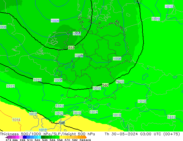 Thck 500-1000hPa UK-Global Čt 30.05.2024 03 UTC