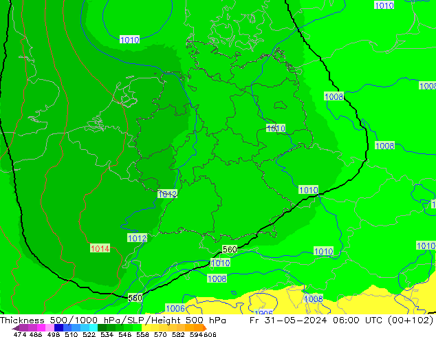 Thck 500-1000hPa UK-Global Fr 31.05.2024 06 UTC