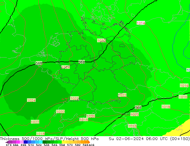 Dikte 500-1000hPa UK-Global zo 02.06.2024 06 UTC