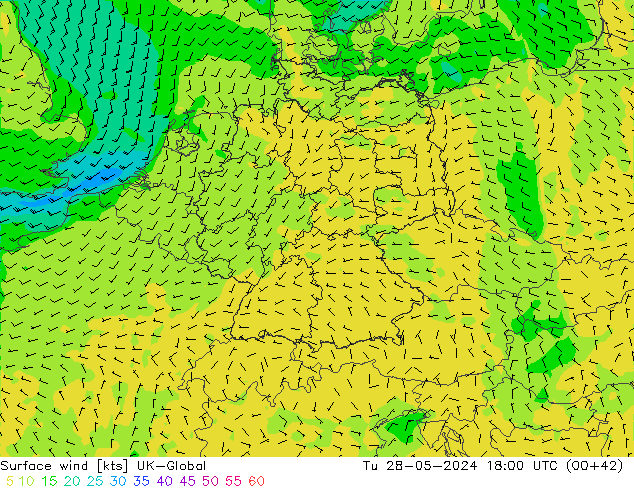 Surface wind UK-Global Tu 28.05.2024 18 UTC