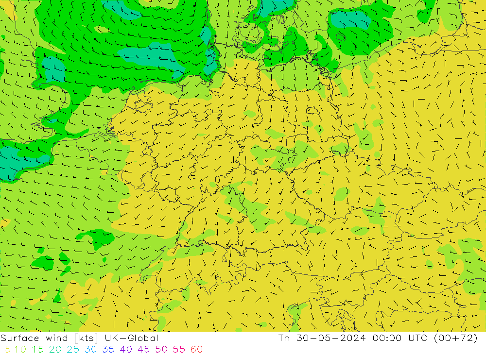 Wind 10 m UK-Global do 30.05.2024 00 UTC