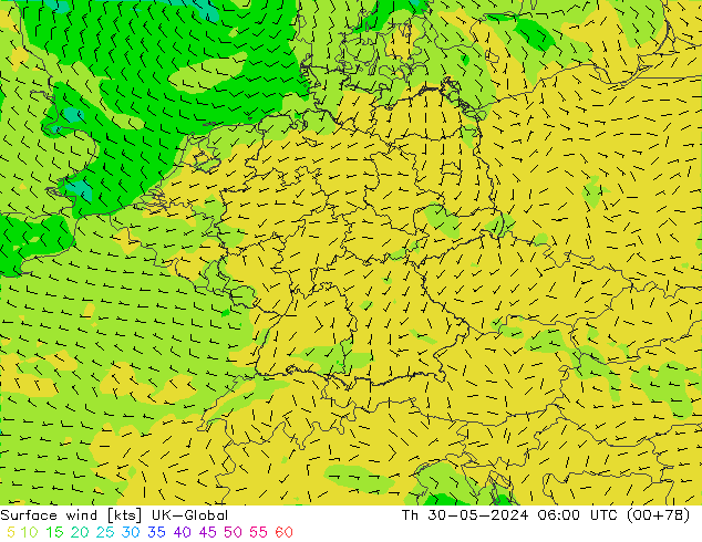 Vento 10 m UK-Global Qui 30.05.2024 06 UTC