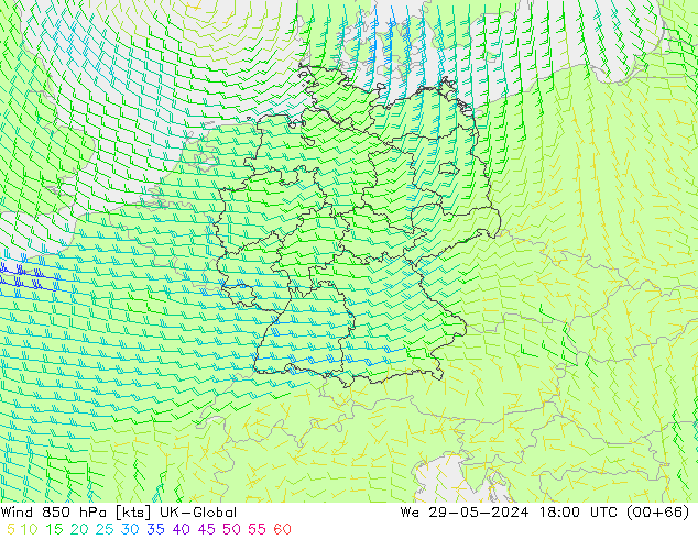 Wind 850 hPa UK-Global We 29.05.2024 18 UTC