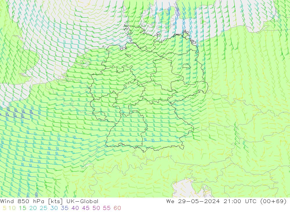 Wind 850 hPa UK-Global We 29.05.2024 21 UTC