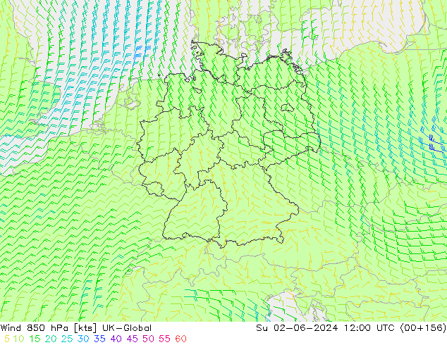 Wind 850 hPa UK-Global Ne 02.06.2024 12 UTC