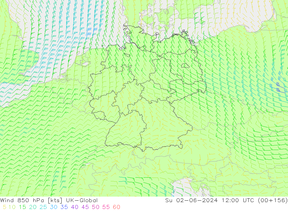 Wind 850 hPa UK-Global Ne 02.06.2024 12 UTC