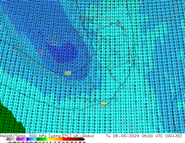 Hoogte/Temp. 500 hPa UK-Global di 28.05.2024 06 UTC