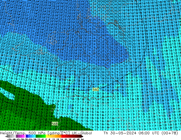 Height/Temp. 500 hPa UK-Global Qui 30.05.2024 06 UTC