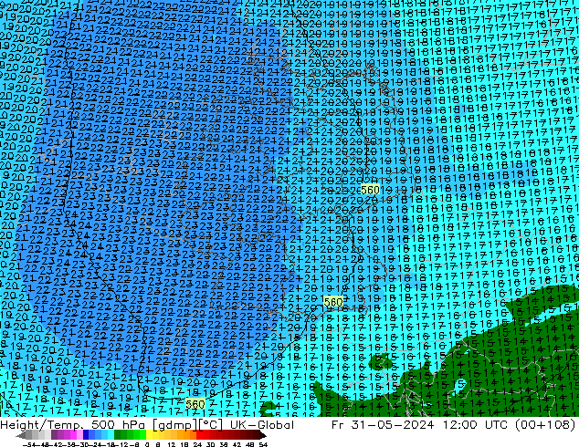 Height/Temp. 500 hPa UK-Global ven 31.05.2024 12 UTC