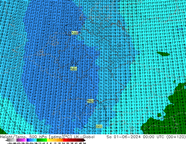 Hoogte/Temp. 500 hPa UK-Global za 01.06.2024 00 UTC