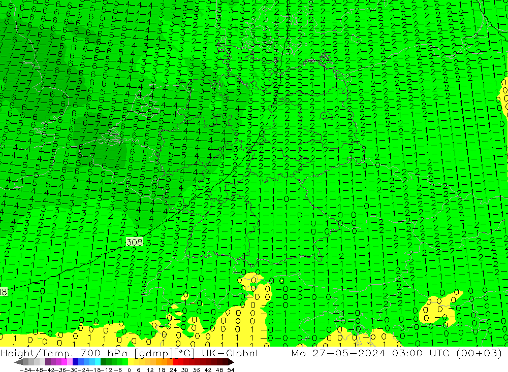 Geop./Temp. 700 hPa UK-Global lun 27.05.2024 03 UTC