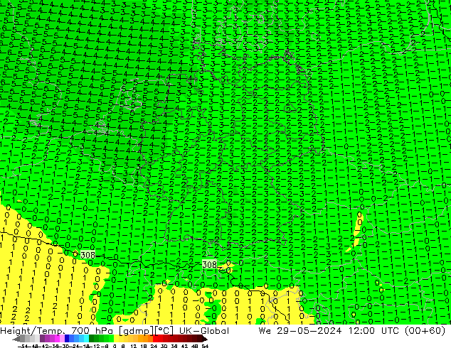 Height/Temp. 700 hPa UK-Global śro. 29.05.2024 12 UTC