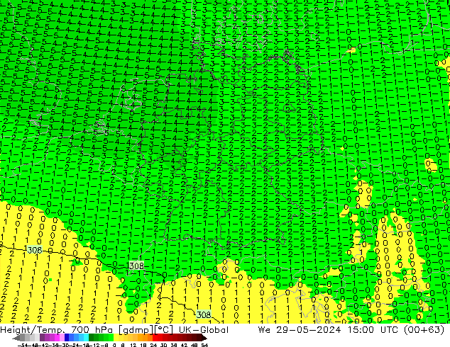 Height/Temp. 700 hPa UK-Global Mi 29.05.2024 15 UTC