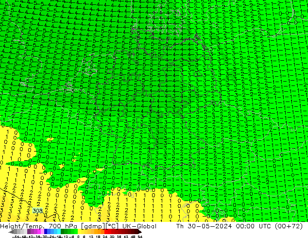 Height/Temp. 700 hPa UK-Global  30.05.2024 00 UTC